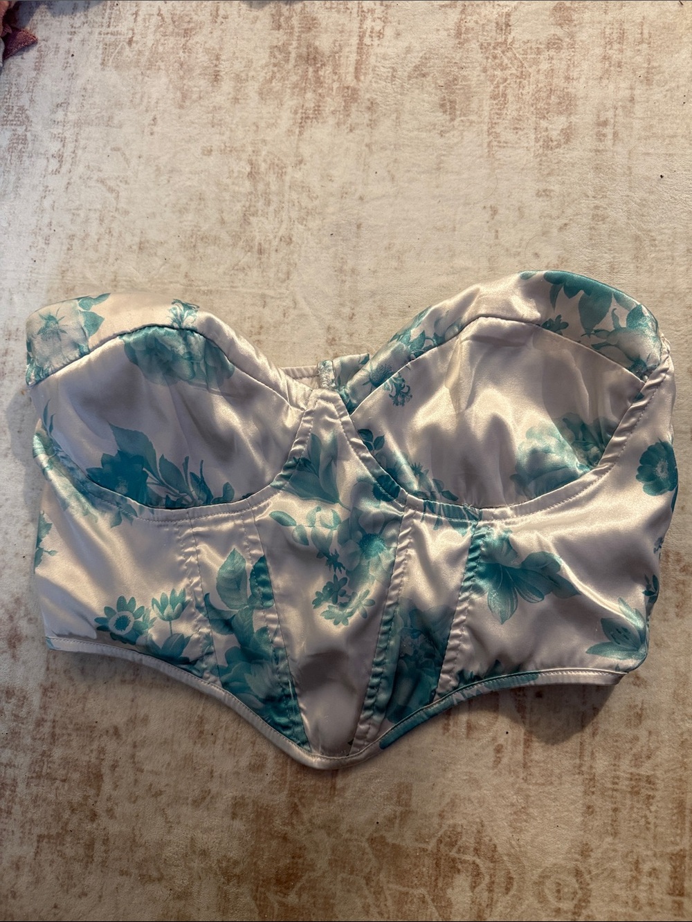 Satin Floral Bustier Top in Teal and Silver